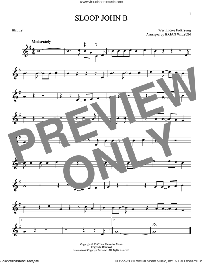 Sloop John B sheet music for Hand Bells Solo (bell solo) by The Beach Boys, Brian Wilson (arr.) and West Indies Folk Song, intermediate Hand Bells Solo (bell)