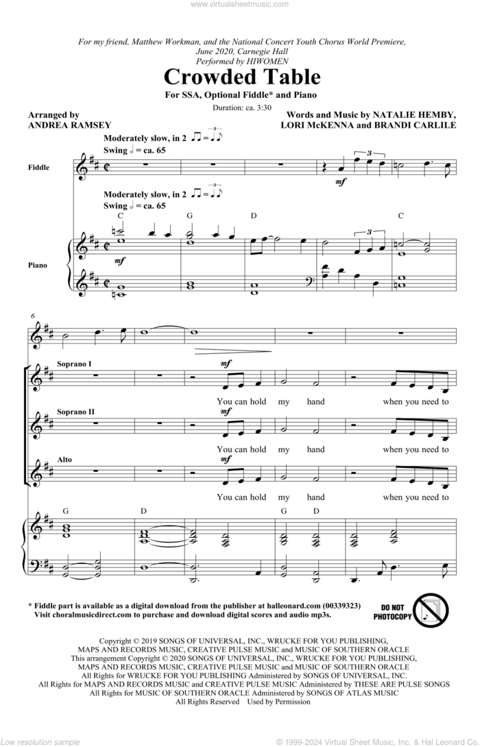 Crowded Table (arr. Andrea Ramsey) sheet music for choir (SSA: soprano, alto) by The Highwomen, Andrea Ramsey, Brandi Carlile, Lori McKenna and Natalie Hemby, intermediate skill level