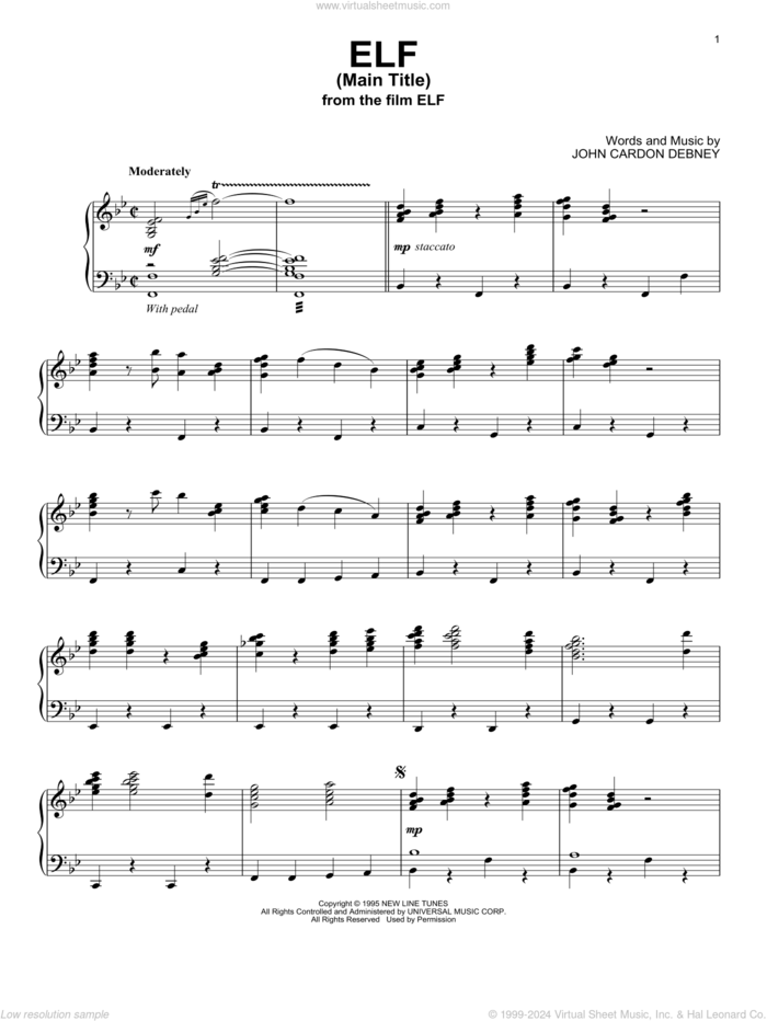 Elf (Main Title) sheet music for piano solo by John Cardon Debney, intermediate skill level