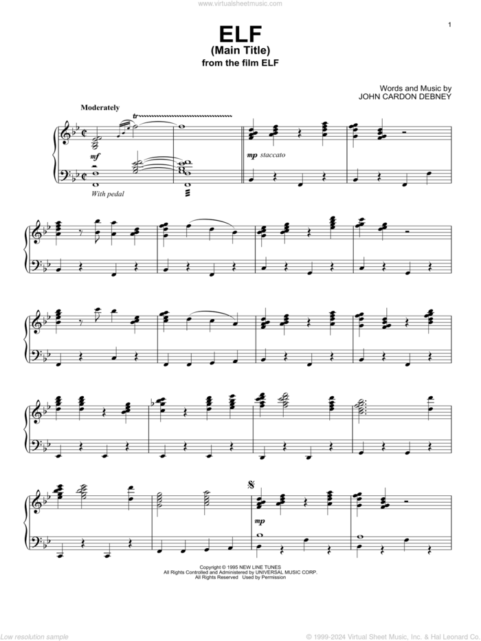 Elf (Main Title) sheet music for piano solo by John Cardon Debney, intermediate skill level