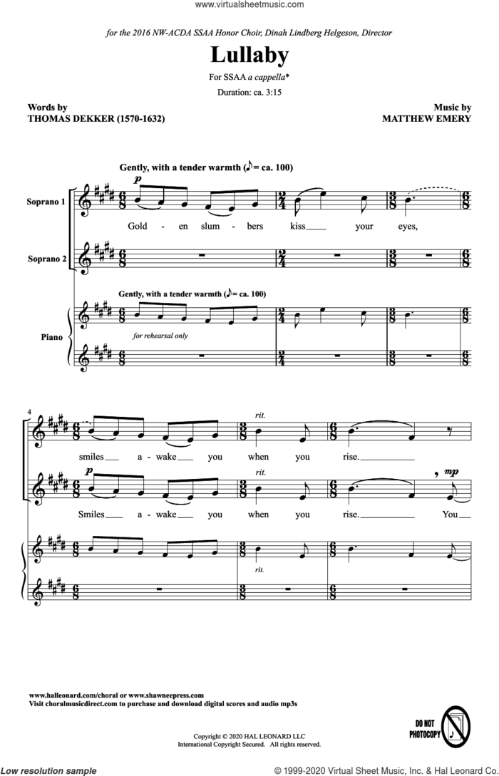 Lullaby sheet music for choir (SSAA: soprano, alto) by Matthew Emery, Thomas Dekker and Thomas Dekker and Matthew Emery, intermediate skill level