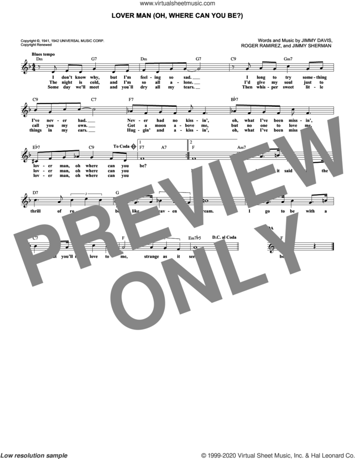 Lover Man (Oh, Where Can You Be?) sheet music for voice and other instruments (fake book) by Billie Holiday, Jimmie Davis, Jimmy Sherman and Roger Ramirez, intermediate skill level