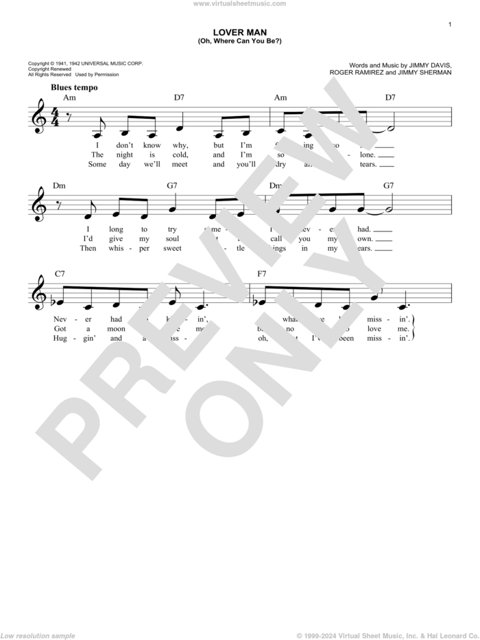 Lover Man (Oh, Where Can You Be?) sheet music for voice and other instruments (fake book) by Billie Holiday, Jimmie Davis, Jimmy Sherman and Roger Ramirez, easy skill level