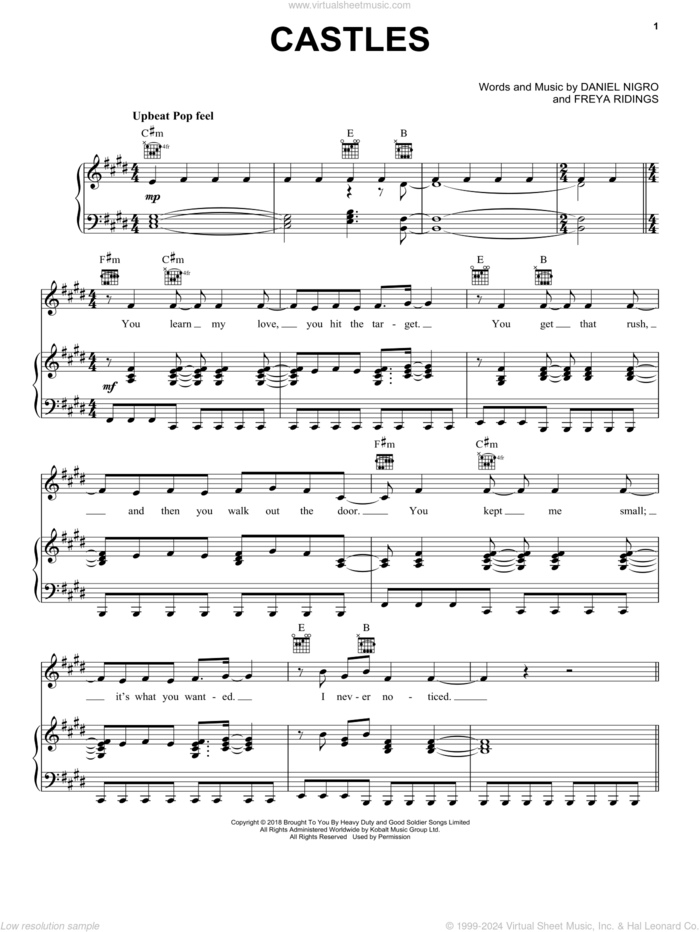 Castles sheet music for voice, piano or guitar by Freya Ridings and Daniel Nigro, intermediate skill level