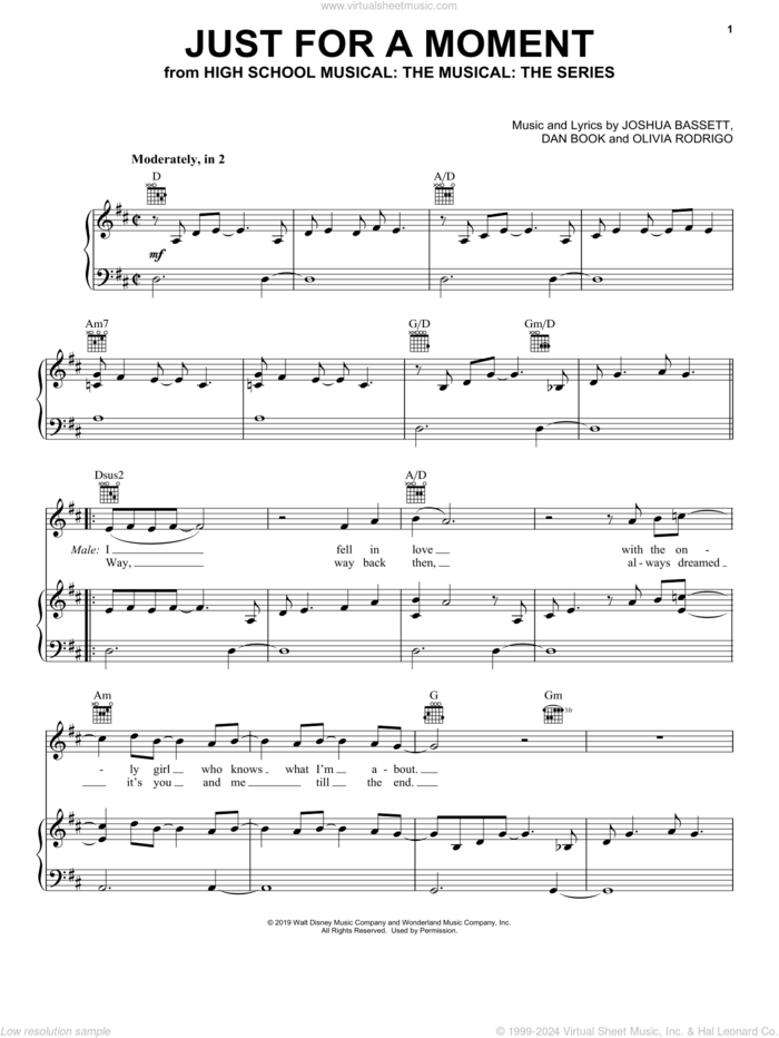 Just For A Moment (from High School Musical: The Musical: The Series) sheet music for voice, piano or guitar by Olivia Rodrigo & Joshua Bassett, Dan Book, Joshua Bassett and Olivia Rodrigo, intermediate skill level