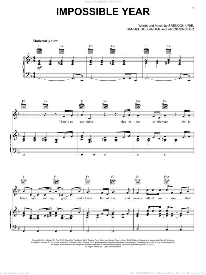 Impossible Year sheet music for voice, piano or guitar by Panic! At The Disco, Brendon Urie, Jacob Sinclair and Sam Hollander, intermediate skill level