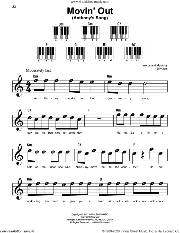 Movin' Out (Anthony's Song) sheet music for piano solo by Billy Joel, beginner skill level