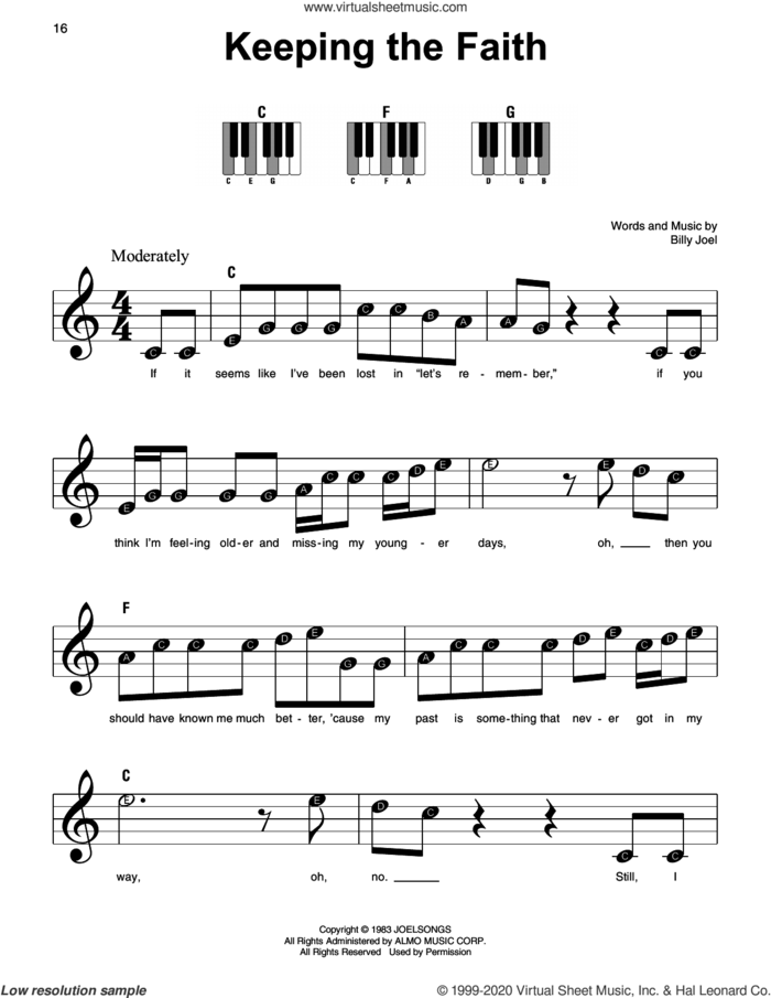 Keeping The Faith sheet music for piano solo by Billy Joel, beginner skill level
