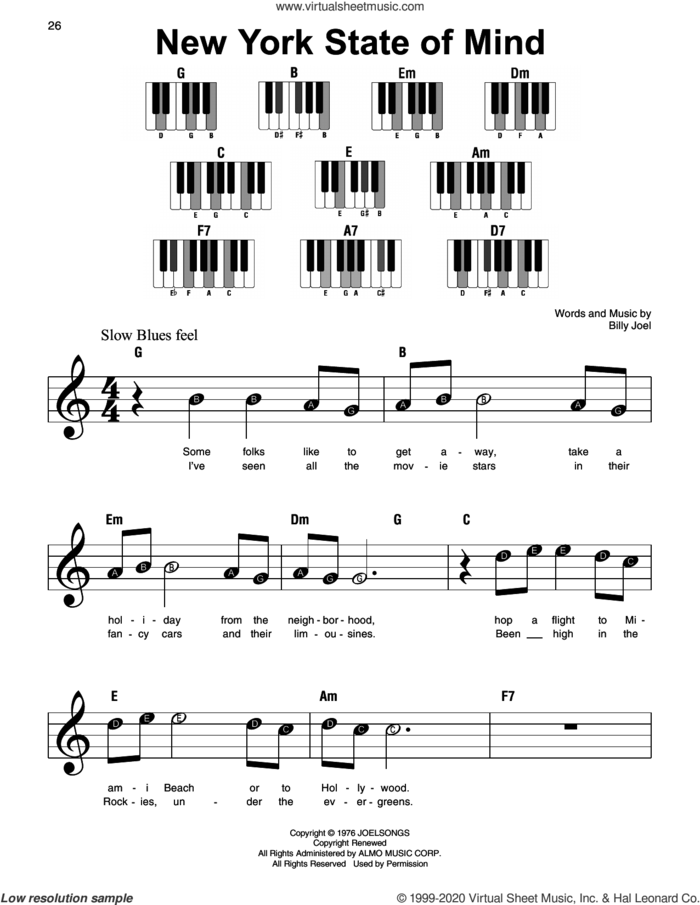 New York State Of Mind sheet music for piano solo by Billy Joel, beginner skill level
