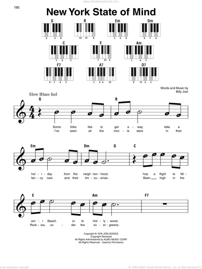New York State Of Mind sheet music for piano solo by Billy Joel, beginner skill level