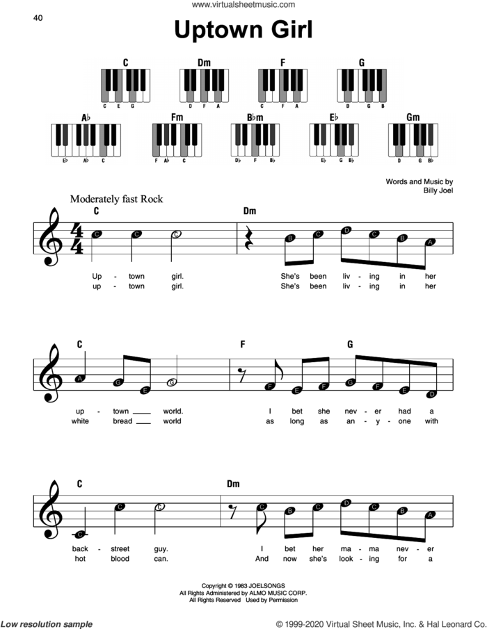 Uptown Girl sheet music for piano solo by Billy Joel, beginner skill level