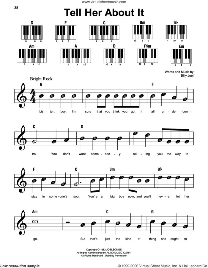 Tell Her About It sheet music for piano solo by Billy Joel, beginner skill level