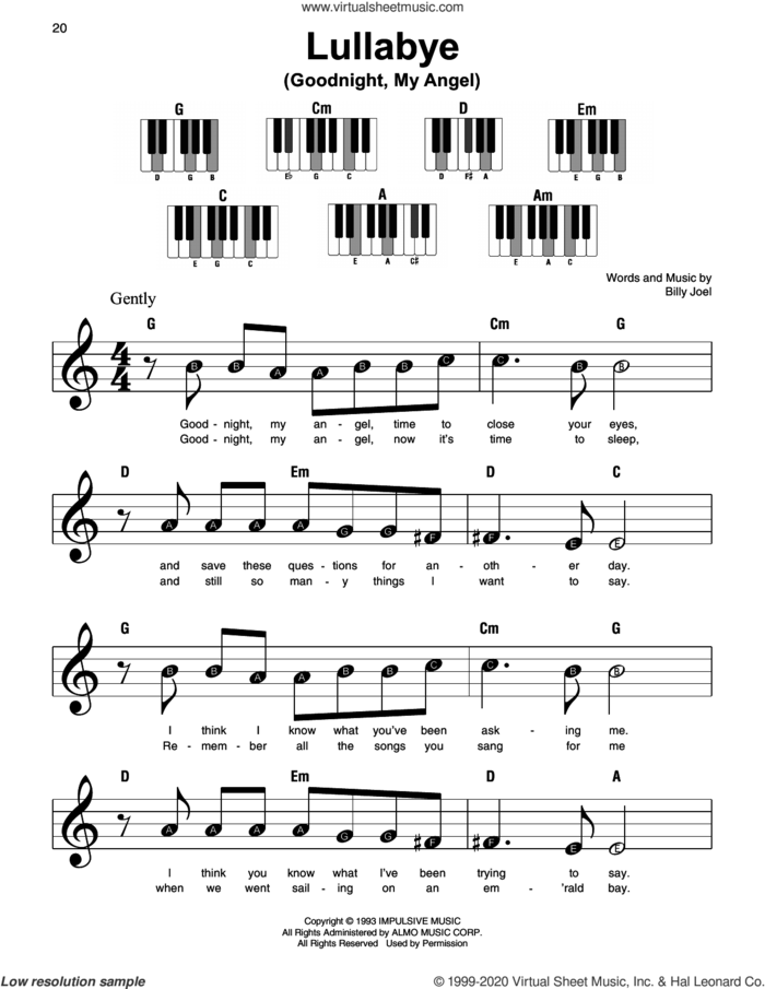 Lullabye (Goodnight, My Angel), (beginner) (Goodnight, My Angel) sheet music for piano solo by Billy Joel, beginner skill level