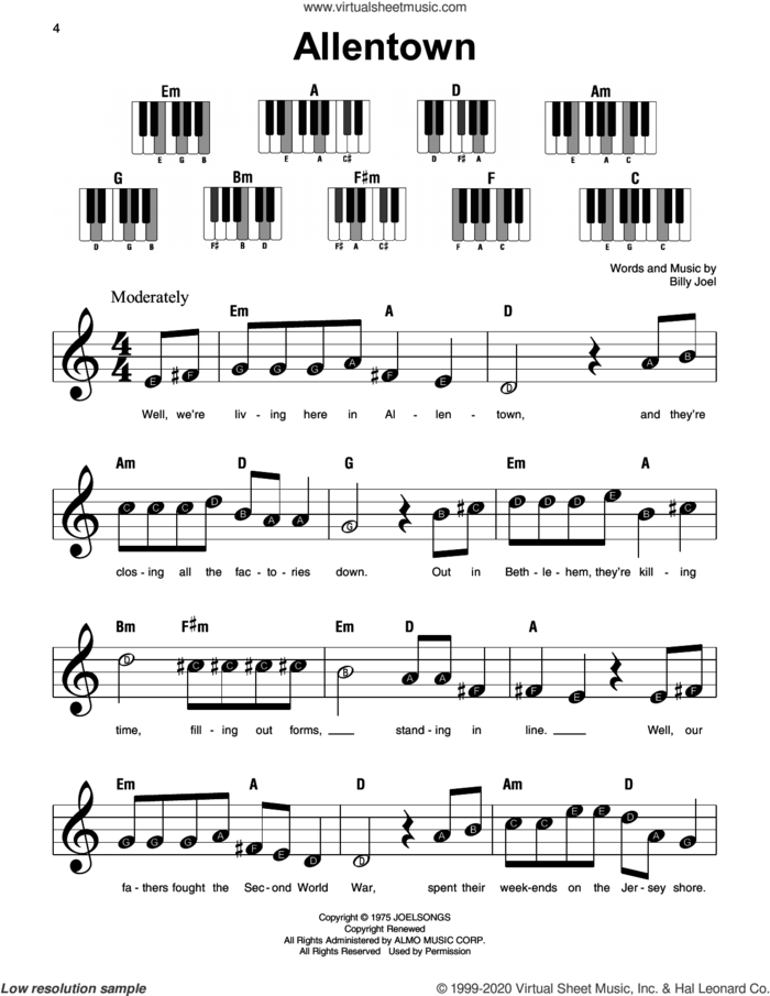 Allentown sheet music for piano solo by Billy Joel, beginner skill level