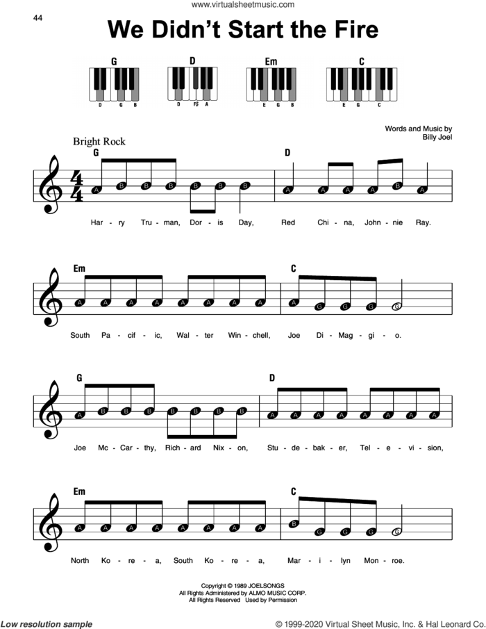 We Didn't Start The Fire sheet music for piano solo by Billy Joel, beginner skill level