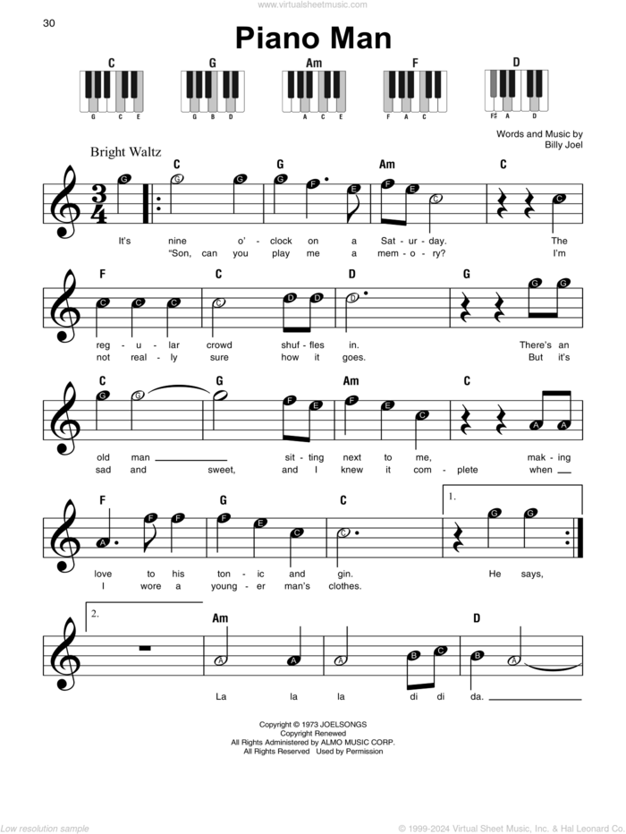 Piano Man sheet music for piano solo by Billy Joel, beginner skill level