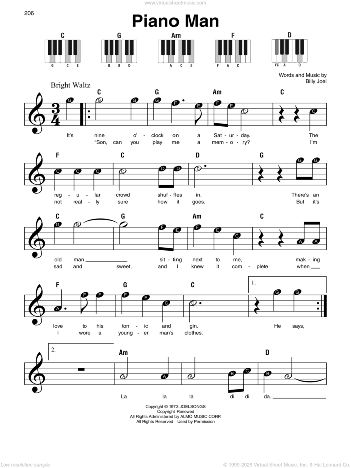 Piano Man sheet music for piano solo by Billy Joel, beginner skill level