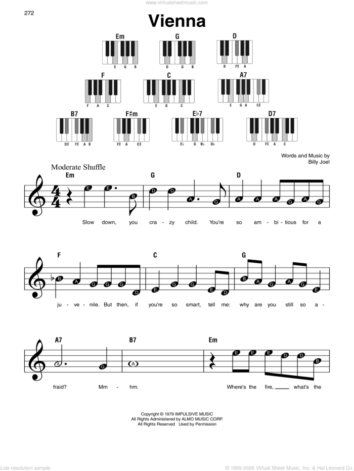 Vienna sheet music for piano solo by Billy Joel, beginner skill level