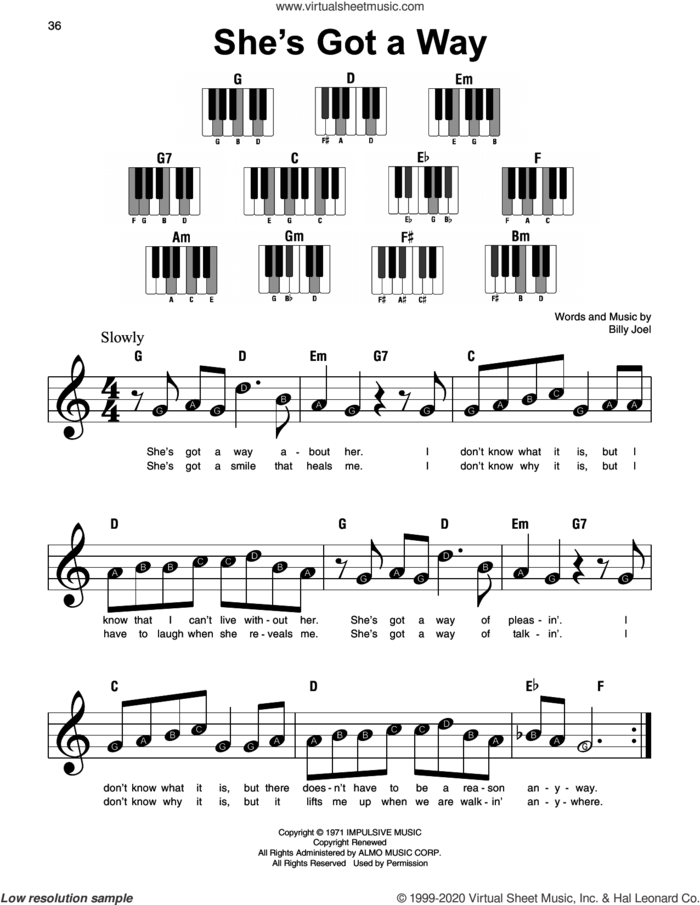 She's Got A Way sheet music for piano solo by Billy Joel, beginner skill level