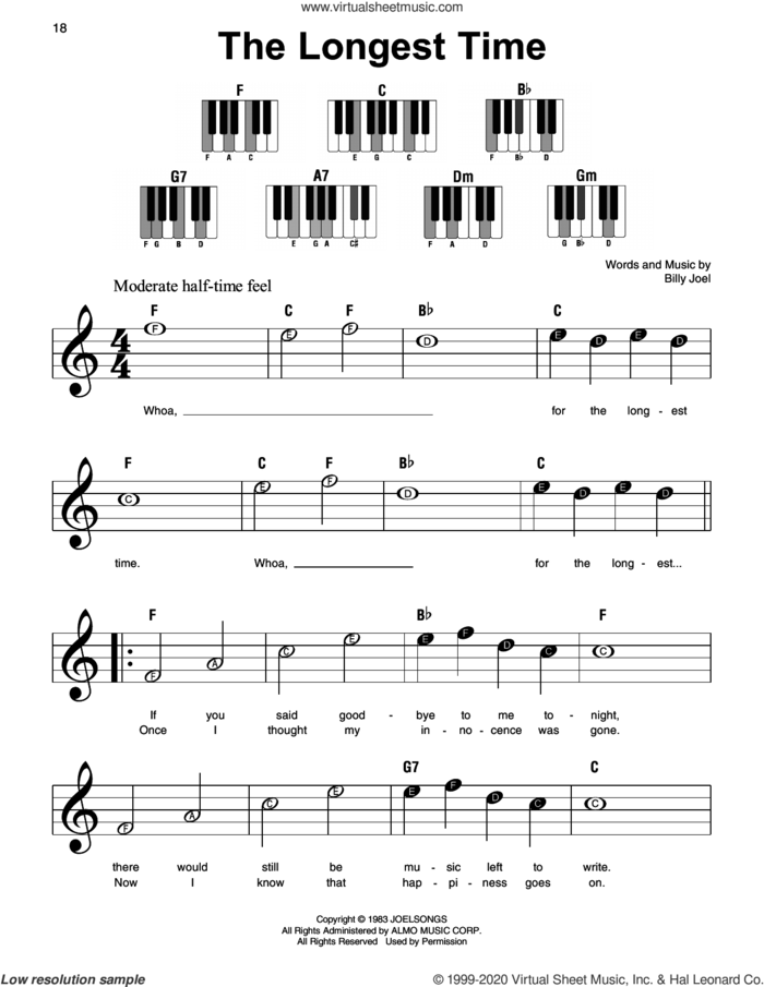 The Longest Time sheet music for piano solo by Billy Joel, beginner skill level