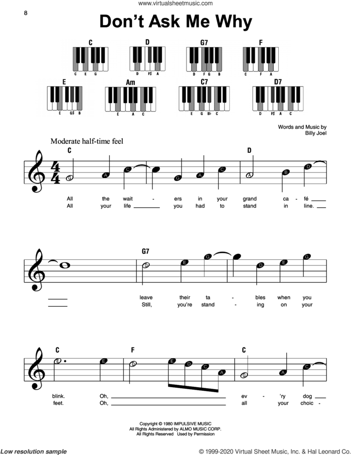Don't Ask Me Why sheet music for piano solo by Billy Joel, beginner skill level