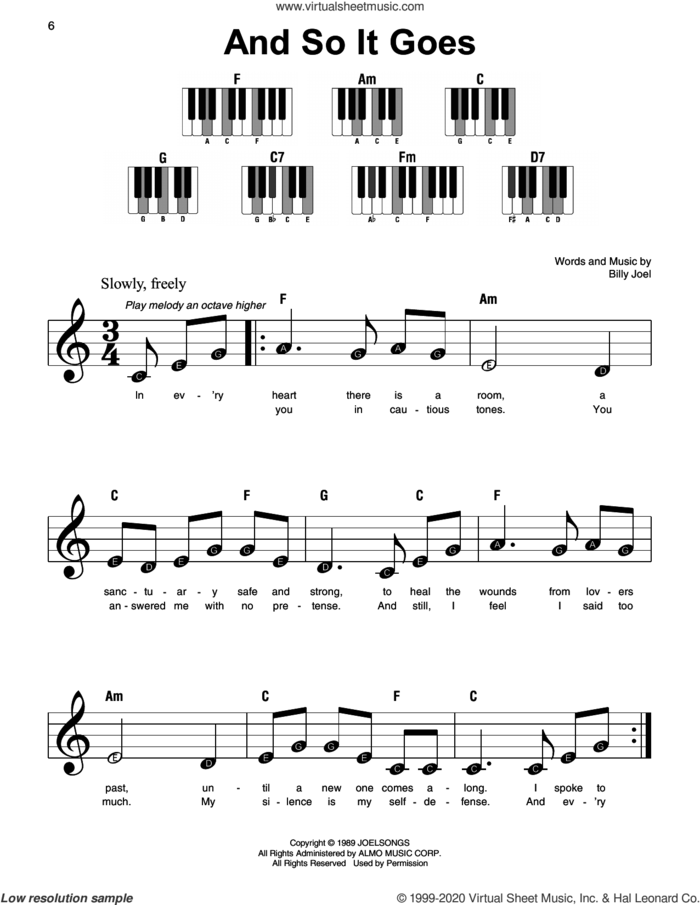And So It Goes sheet music for piano solo by Billy Joel, beginner skill level