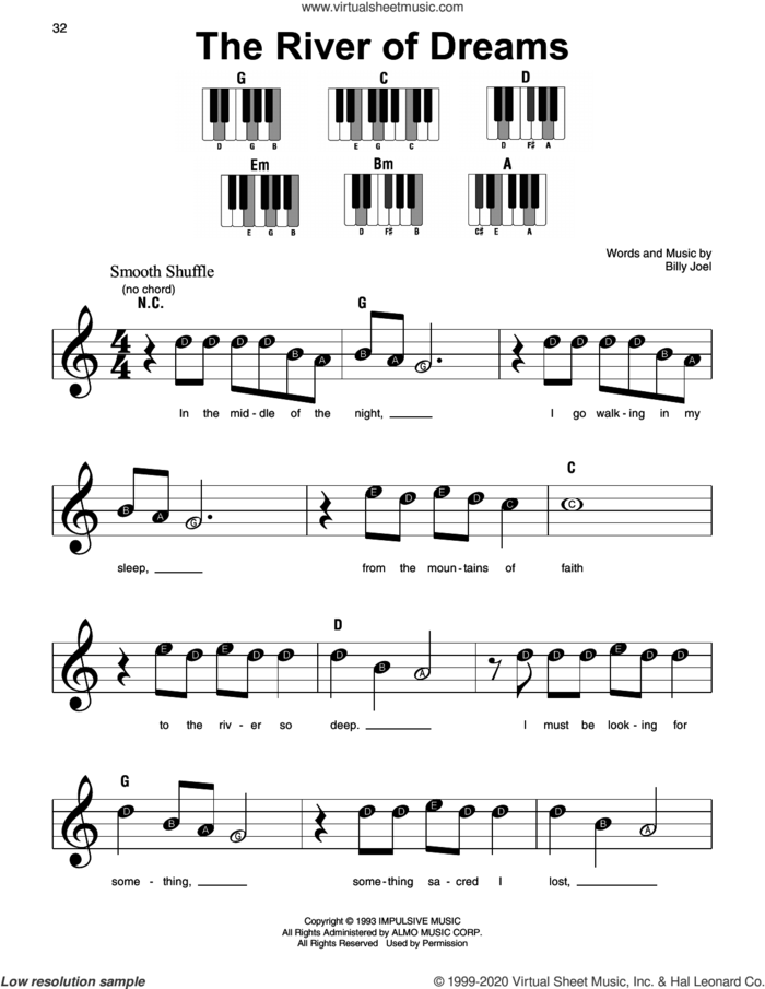 The River Of Dreams sheet music for piano solo by Billy Joel, beginner skill level