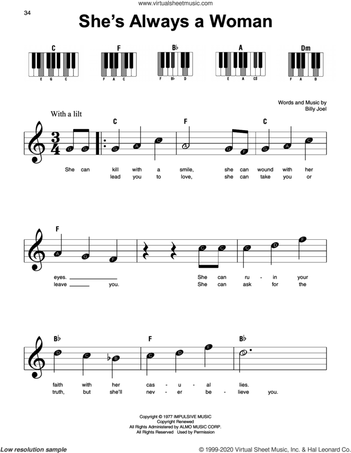 She's Always A Woman sheet music for piano solo by Billy Joel, beginner skill level