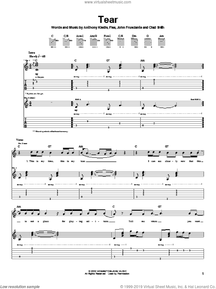 Tear sheet music for guitar (tablature) by Red Hot Chili Peppers, Anthony Kiedis, Flea and John Frusciante, intermediate skill level
