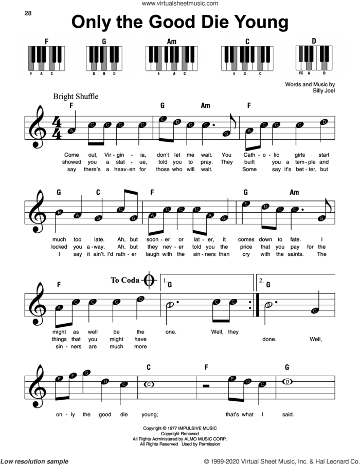 Only The Good Die Young sheet music for piano solo by Billy Joel, beginner skill level