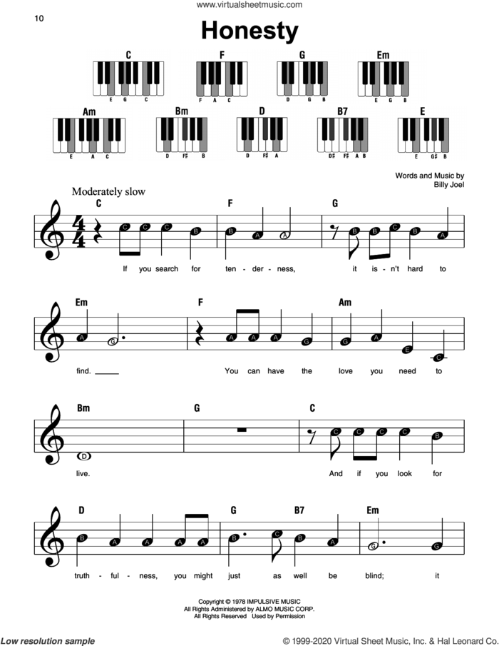 Honesty sheet music for piano solo by Billy Joel, beginner skill level