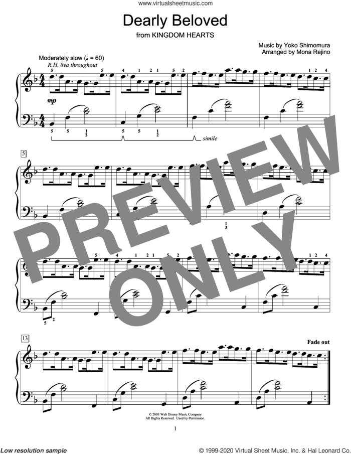 Dearly Beloved (from Kingdom Hearts) (arr. Mona Rejino) sheet music for piano solo (elementary) by Yoko Shimomura and Mona Rejino, beginner piano (elementary)