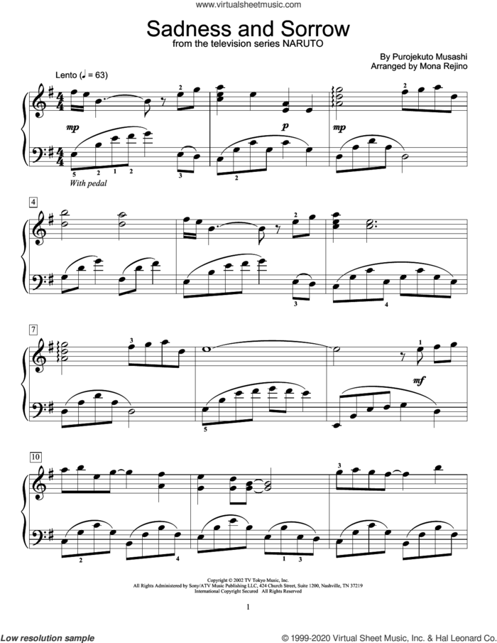 Sadness And Sorrow (from Naruto) (arr. Mona Rejino) sheet music for piano solo (elementary) by Purojekuto Musashi and Mona Rejino, beginner piano (elementary)