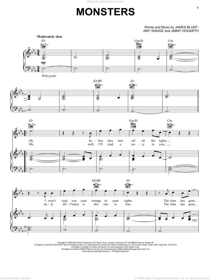 Monsters sheet music for voice, piano or guitar by James Blunt, Amy Wadge and James Hogarth, intermediate skill level
