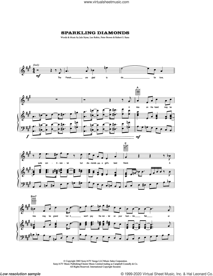 Sparkling Diamonds (from Moulin Rouge) sheet music for voice, piano or guitar by Nicole Kidman, Jule Styne, Leo Robin, Pete Brown and Robert Rans, intermediate skill level
