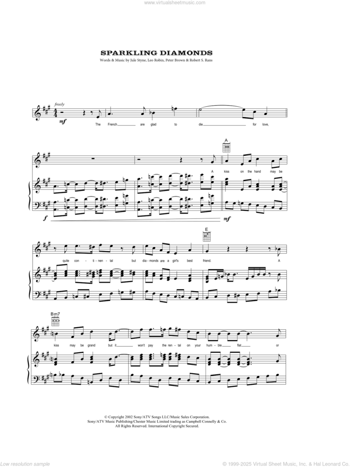 Sparkling Diamonds (from Moulin Rouge) sheet music for voice, piano or guitar by Nicole Kidman, Jule Styne, Leo Robin, Pete Brown and Robert Rans, intermediate skill level