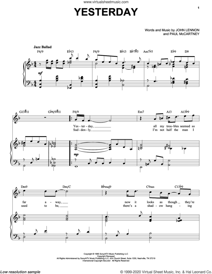 Yesterday [Jazz version] (arr. Brent Edstrom) sheet music for voice and piano (High Voice) by The Beatles, John Lennon and Paul McCartney, intermediate skill level