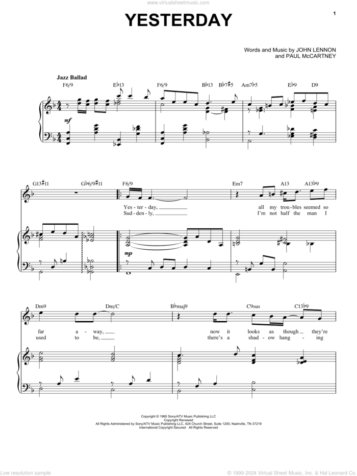 Yesterday [Jazz version] (arr. Brent Edstrom) sheet music for voice and piano (High Voice) by The Beatles, John Lennon and Paul McCartney, intermediate skill level