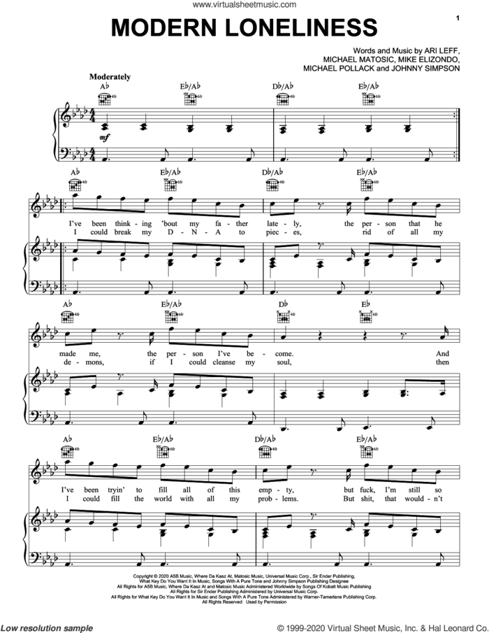 Modern Loneliness sheet music for voice, piano or guitar by Lauv, Ari Leff, Johnny Simpson, Michael Matosic, Michael Pollack and Mike Elizondo, intermediate skill level