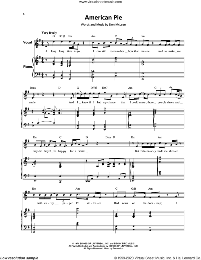 American Pie sheet music for keyboard or piano by Don McLean, intermediate skill level