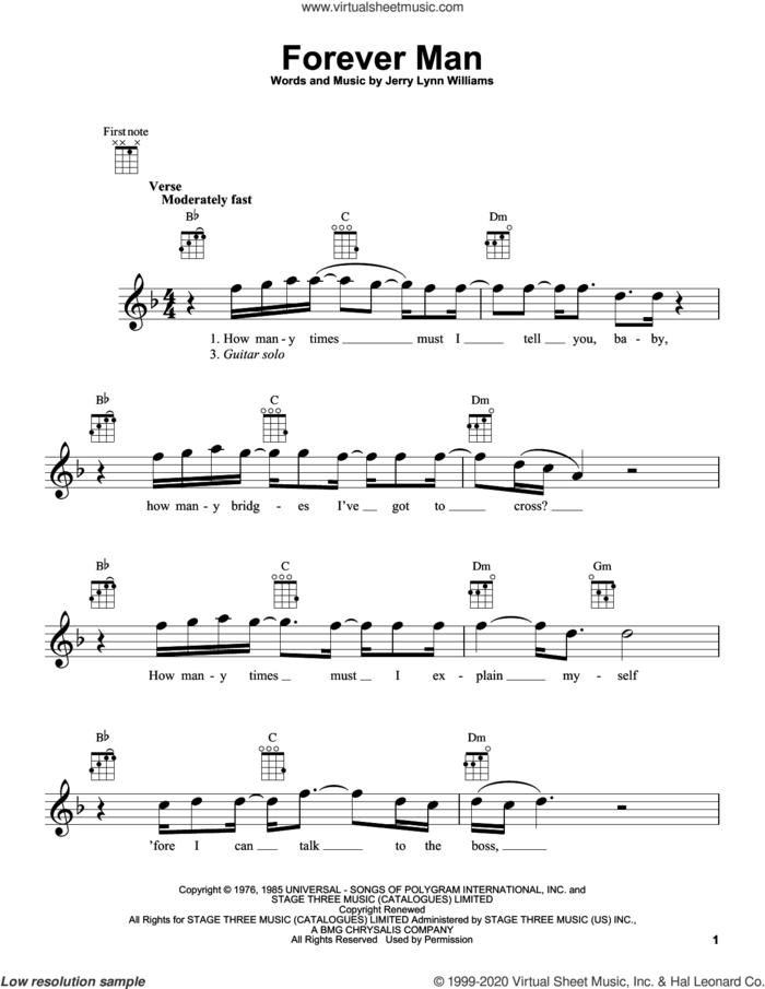 Forever Man sheet music for ukulele by Eric Clapton and Jerry Lynn Williams, intermediate skill level