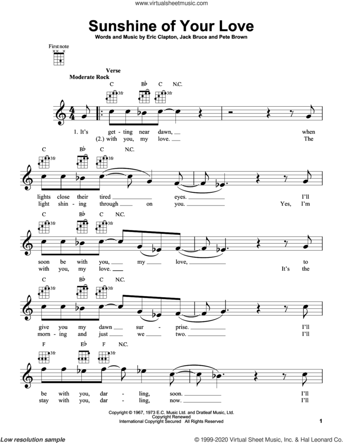 Sunshine Of Your Love sheet music for ukulele by Cream, Eric Clapton, Jack Bruce and Pete Brown, intermediate skill level