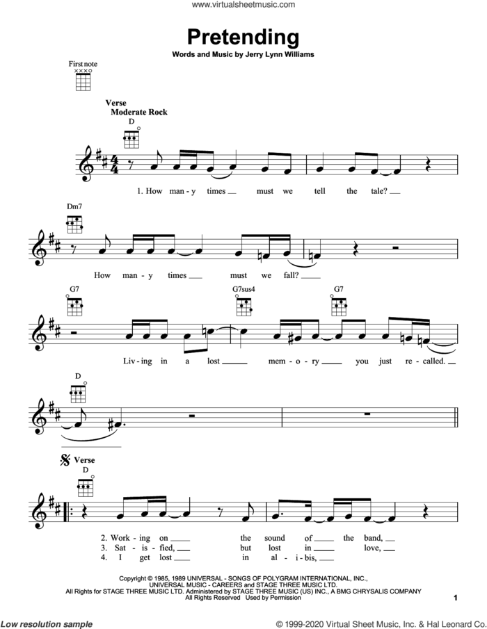 Pretending sheet music for ukulele by Eric Clapton and Jerry Lynn Williams, intermediate skill level