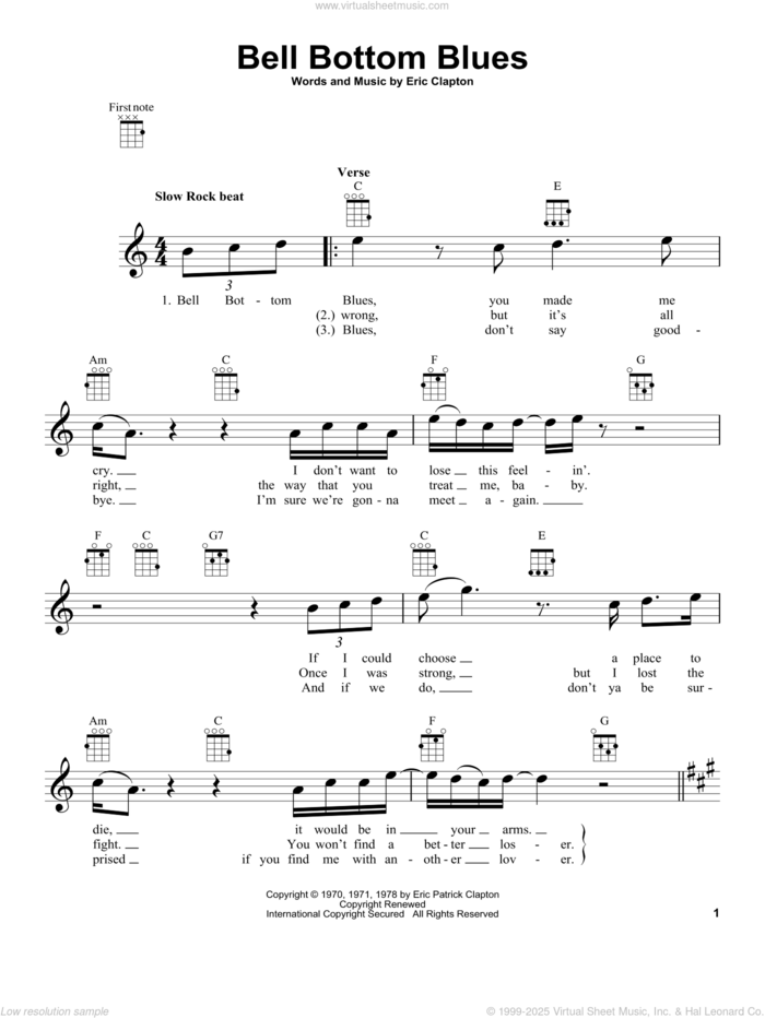 Bell Bottom Blues sheet music for ukulele by Derek And The Dominos and Eric Clapton, intermediate skill level