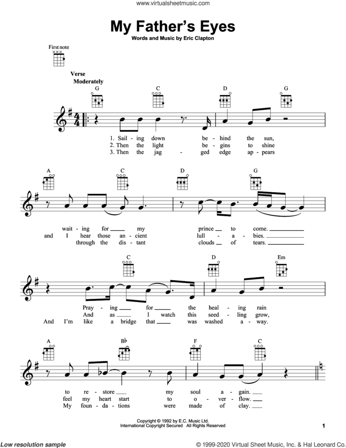 My Father's Eyes sheet music for ukulele by Eric Clapton, intermediate skill level