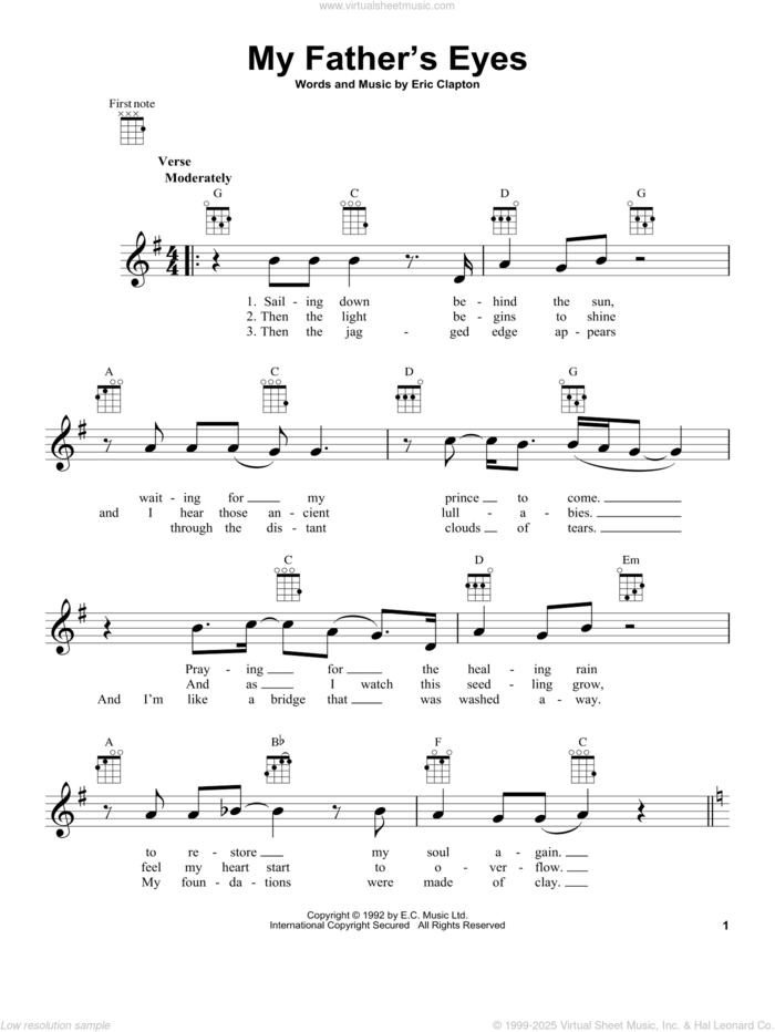 My Father's Eyes sheet music for ukulele by Eric Clapton, intermediate skill level