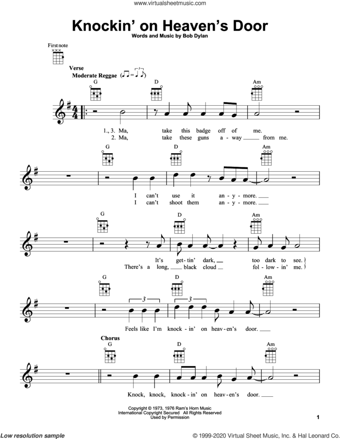 Knockin' On Heaven's Door sheet music for ukulele by Eric Clapton and Bob Dylan, intermediate skill level