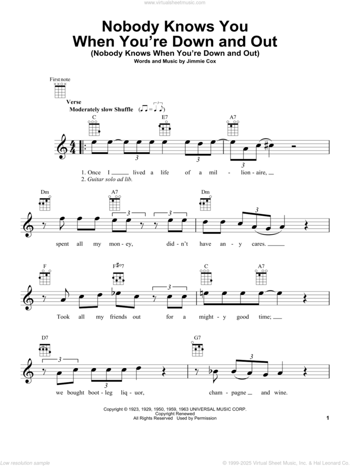 Nobody Knows You When You're Down And Out (Nobody Knows When You're Down And Out) sheet music for ukulele by Eric Clapton and Jimmie Cox, intermediate skill level