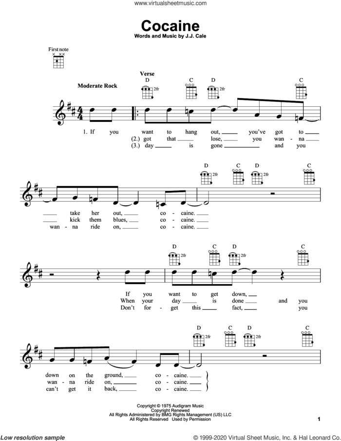 Cocaine sheet music for ukulele by Eric Clapton and John Cale, intermediate skill level