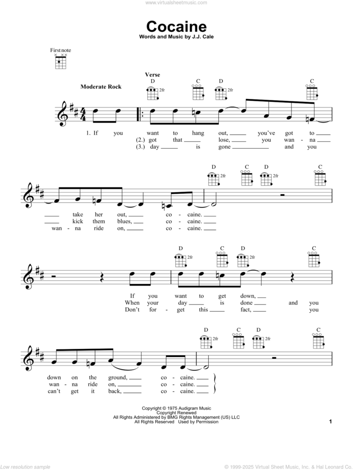 Cocaine sheet music for ukulele by Eric Clapton and John Cale, intermediate skill level